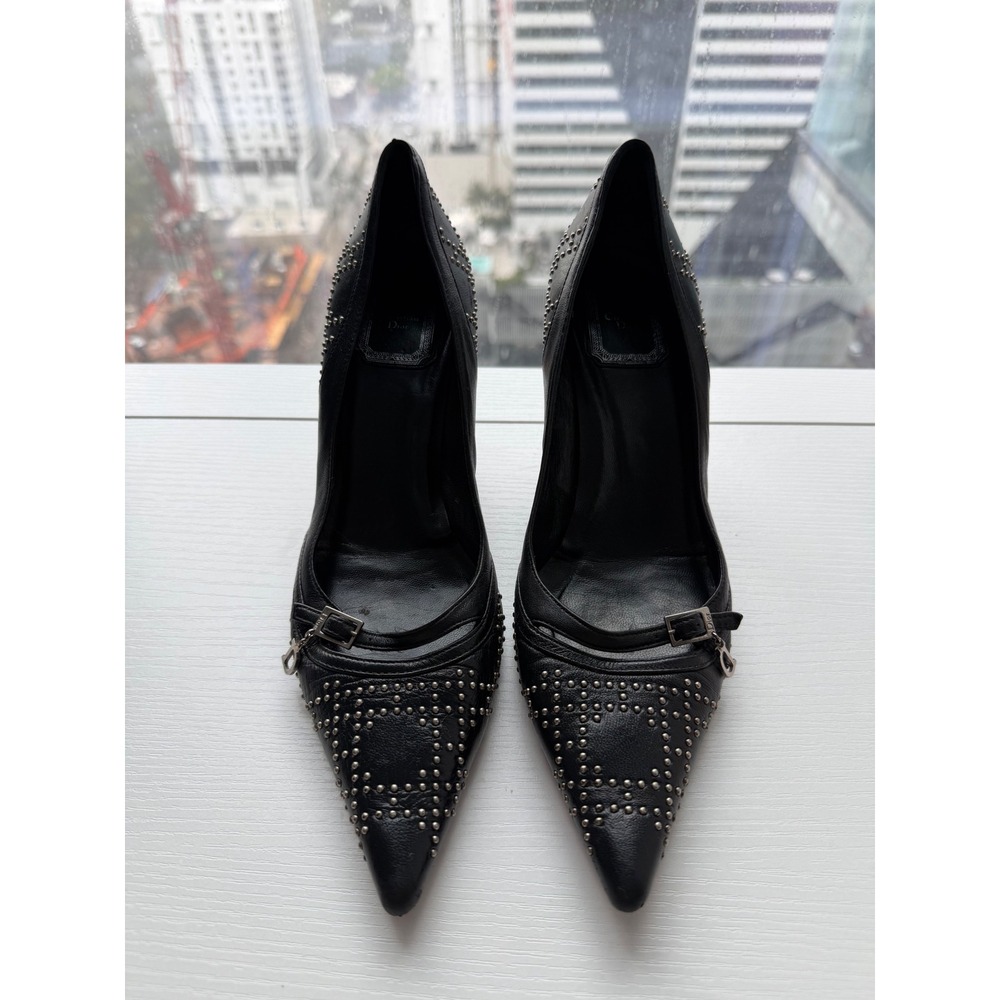 Christian Dior Black Leather Studded Pointed Toe‎ Pumps Charm Heels Size 38
